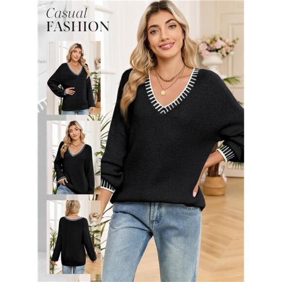 Women's Sweater Casual V Neck Long Sleeve Contrast Knit Pullover - Picture 5 of 6